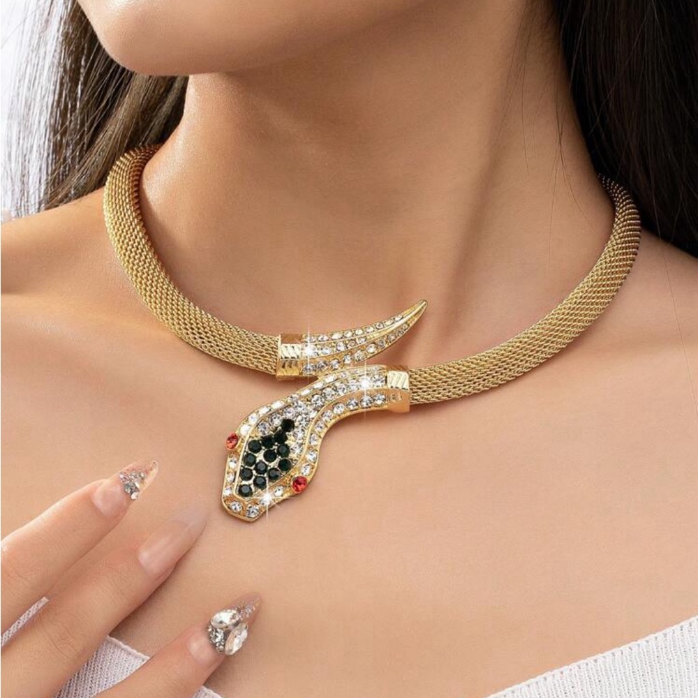 Gold  Snake Shaped Choker Necklace -Serpent rhinestone necklace -snake jewelry